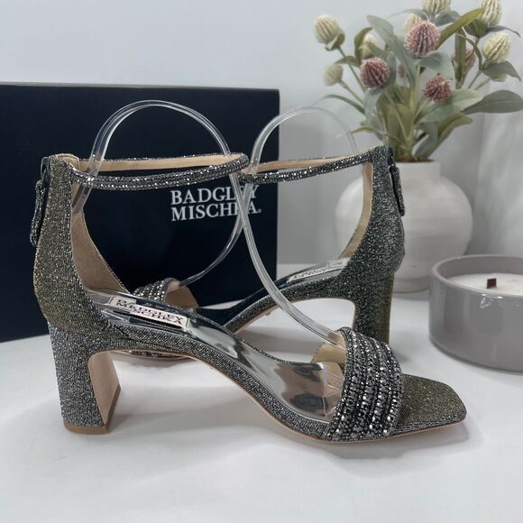 Badgley Mischka Kameryn Open Toe Block Heel Sandal Pewter Women's 8 NWB - Picture 9 of 12